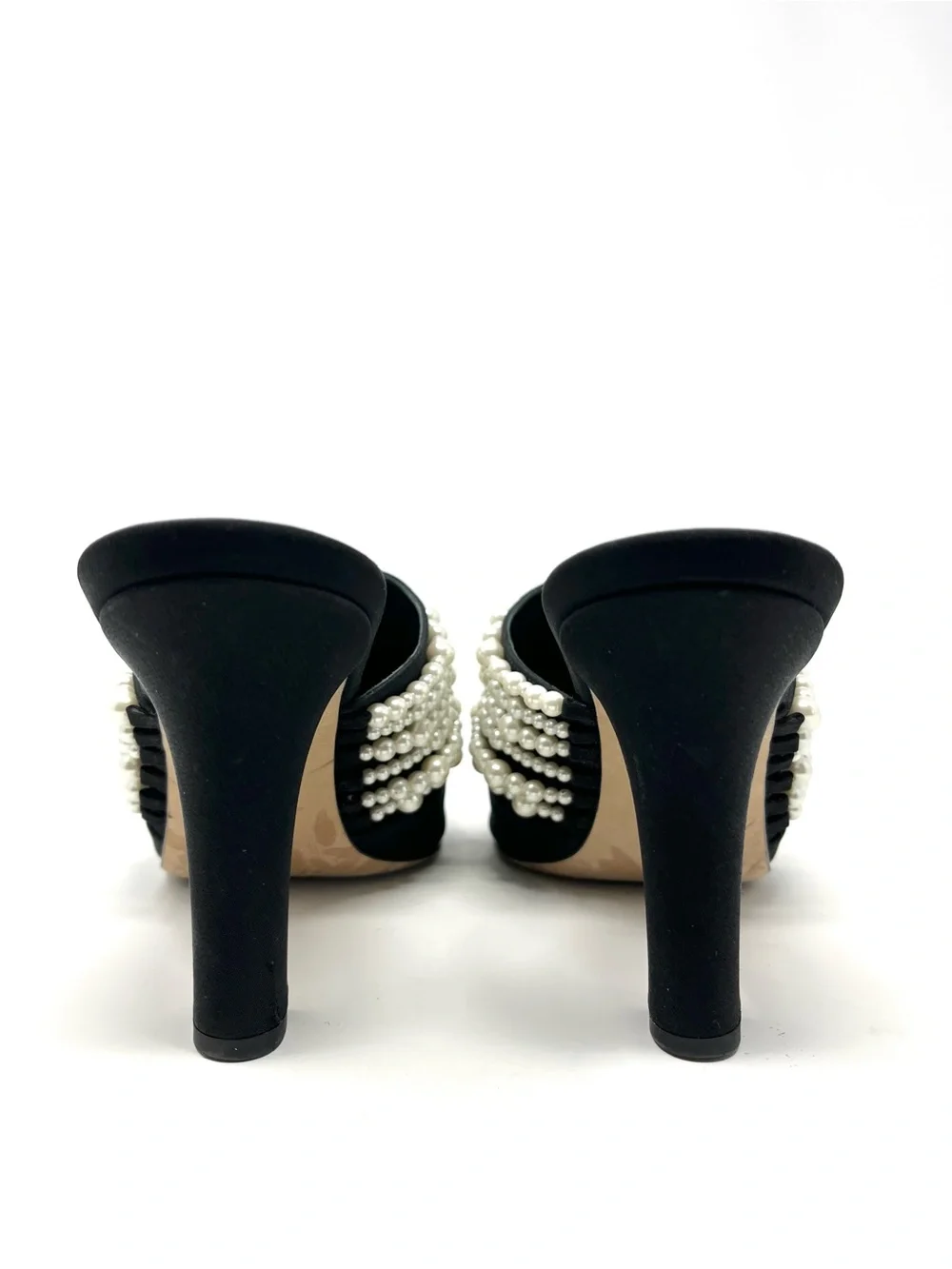 Chanel CC Logo Cap Toe Black Satin With White Pearl Pearls Mules Heels Slides 39